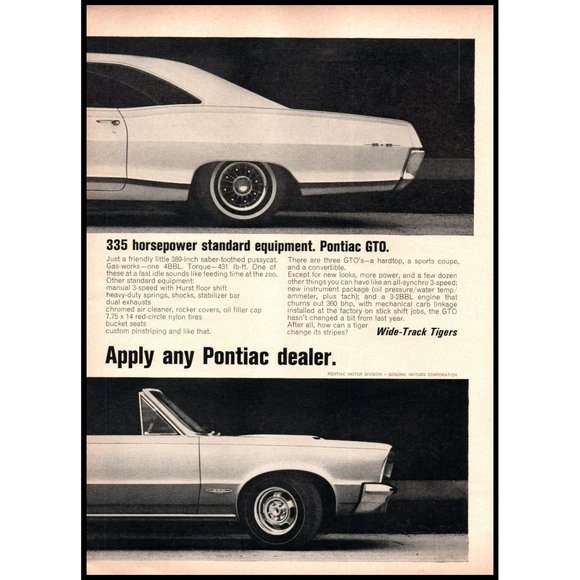 1965 Pontiac GTO 2+2 and Convertible Wide Track Tiger 2 Page Vintage Print Ad - Picture 3 of 3
